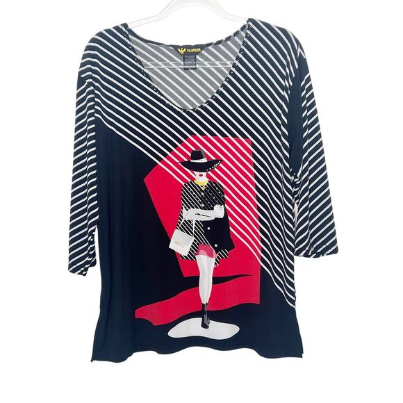 VALENTINA Chic In Red Blouse 3/4 Sleeve Scoop Neck Beaded Black White Red Size L - Picture 2 of 7